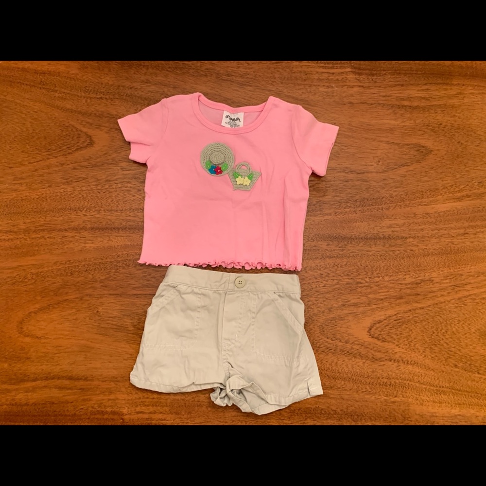 Flapdoodles Light Pink Short Sleeve Shirt with Embroidery Details & Khaki Shorts